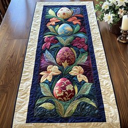Folk Blooms and Eggs on Navy Table Runner - Made to Order TABLE928