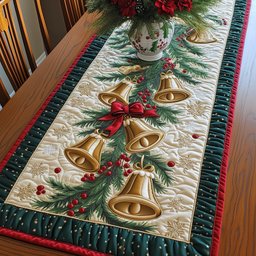 Golden Bells with Red Bows Table Runner - Made to Order TABLE928