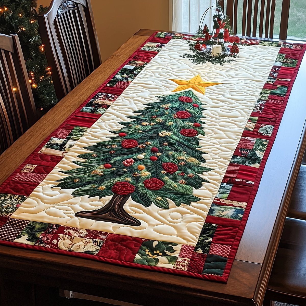 Green Tree with Gold Star Table Runner - Made to Order TABLE928
