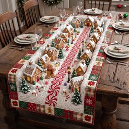 Gingerbread Houses with Peppermint Border Table Runner - Made to Order TABLE928