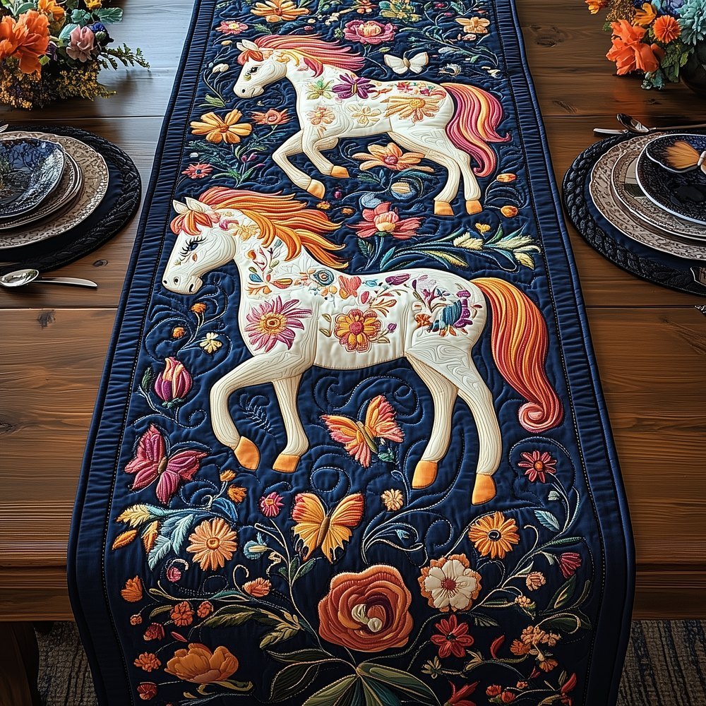 Folk Horse on Navy with Butterflies Table Runner - Made to Order TABLE928