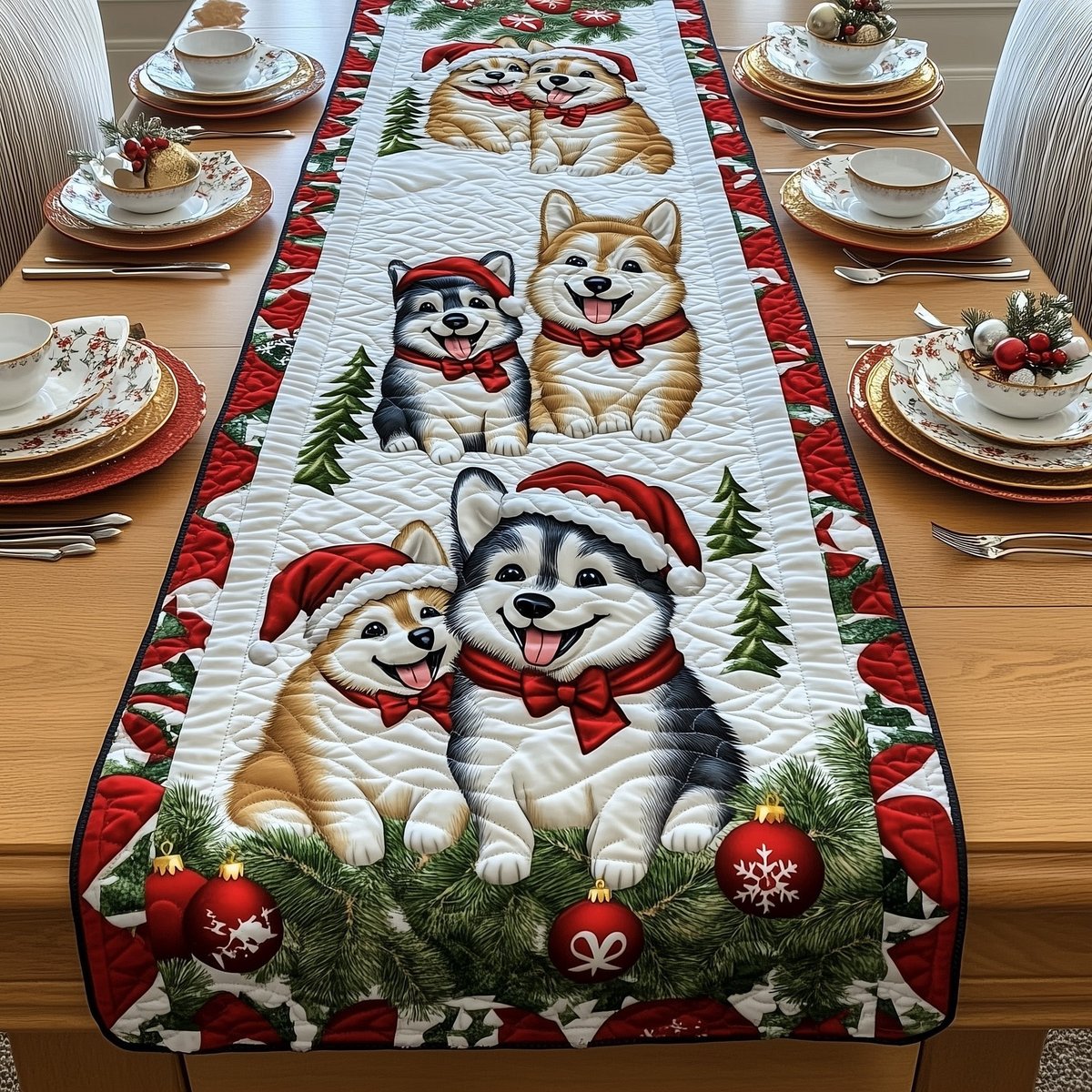 Huskies in Santa Hats Table Runner - Made to Order TABLE928