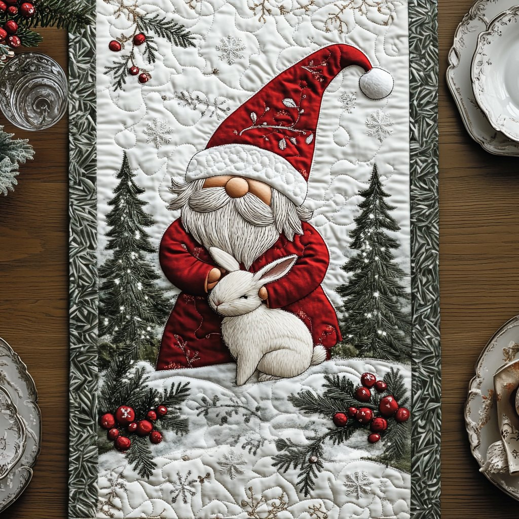 Gnome with a White Rabbit in Snow Table Runner - Made to Order TABLE928