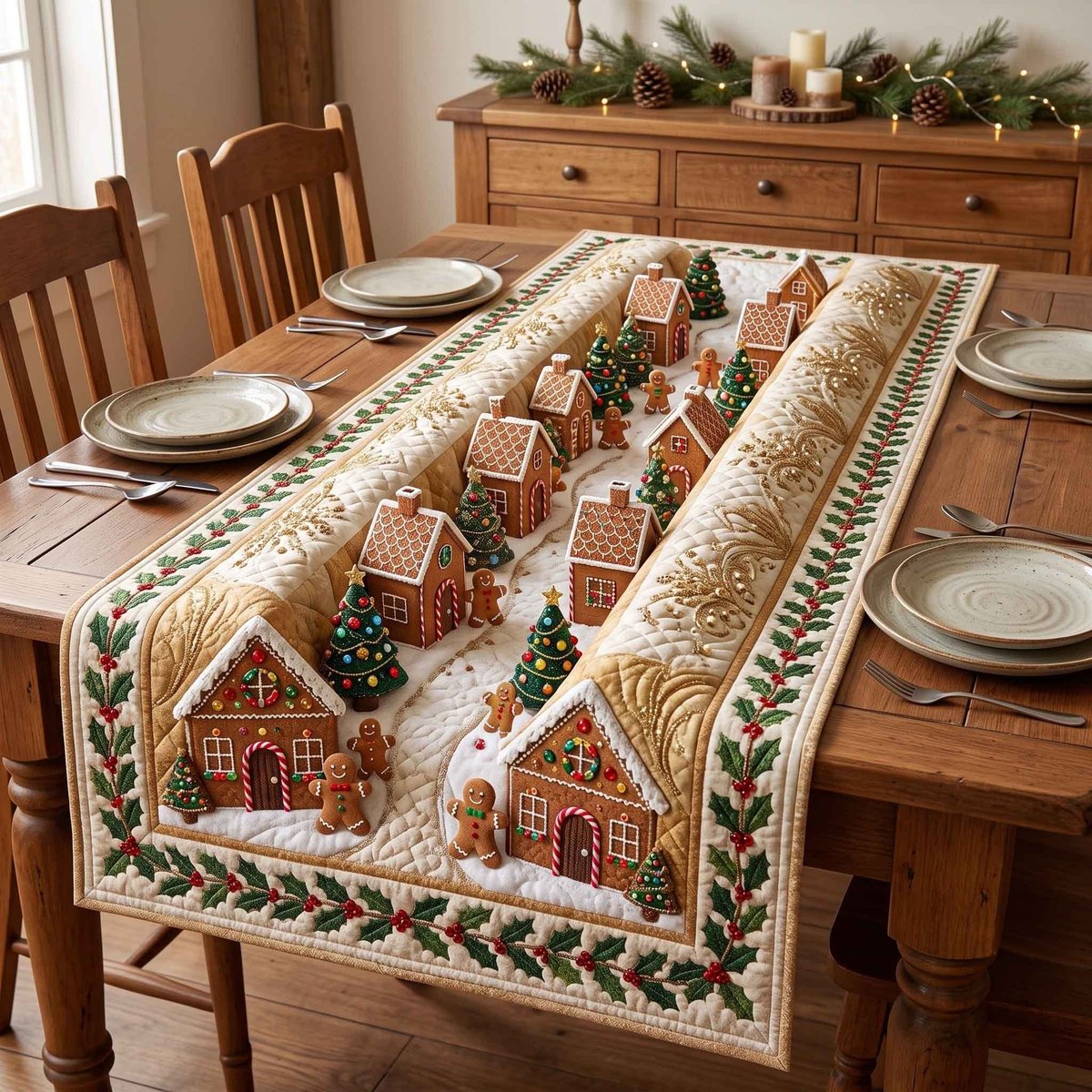 Gingerbread Village with Holly Border Table Runner - Made to Order TABLE928