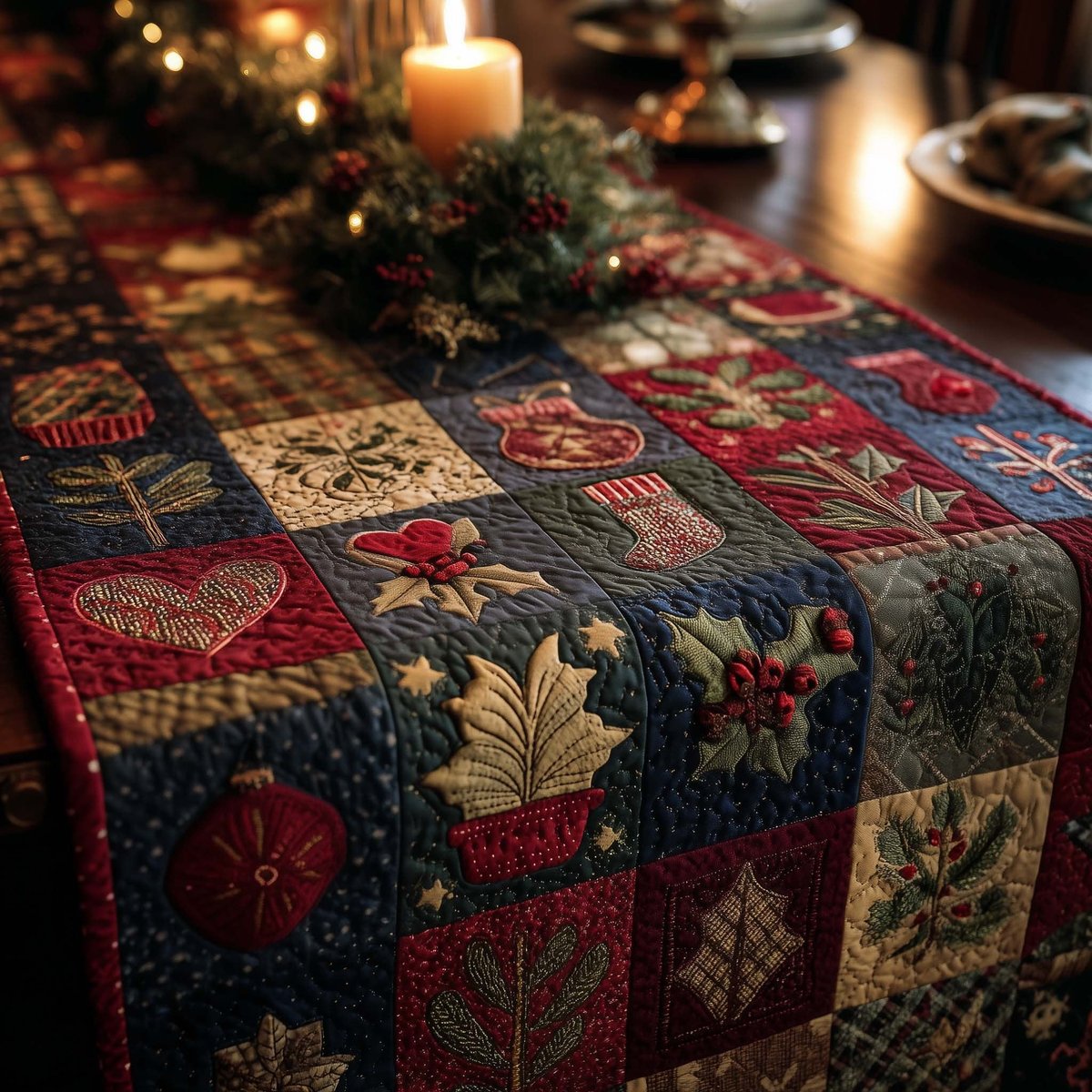 Folk Christmas Blocks on Dark Table Runner - Made to Order TABLE928