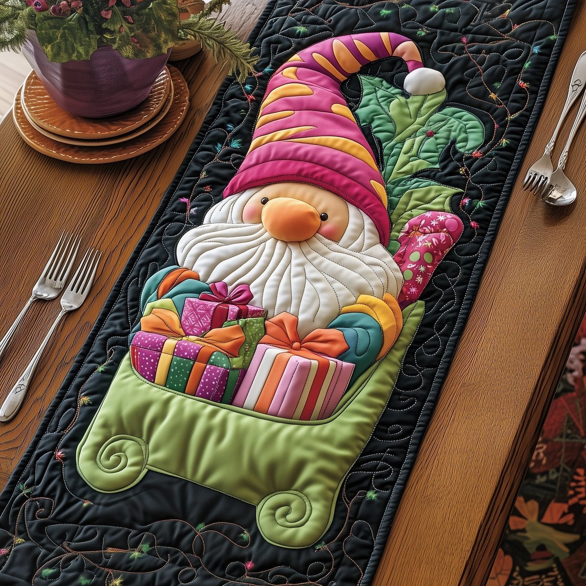 Gnome Riding Sleigh Full of Gifts Table Runner - Made to Order TABLE928