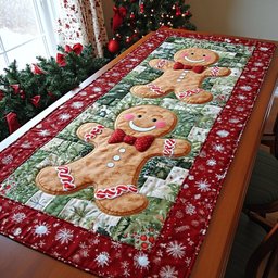 Gingerbread Man on Red Snowflakes Table Runner - Made to Order TABLE928