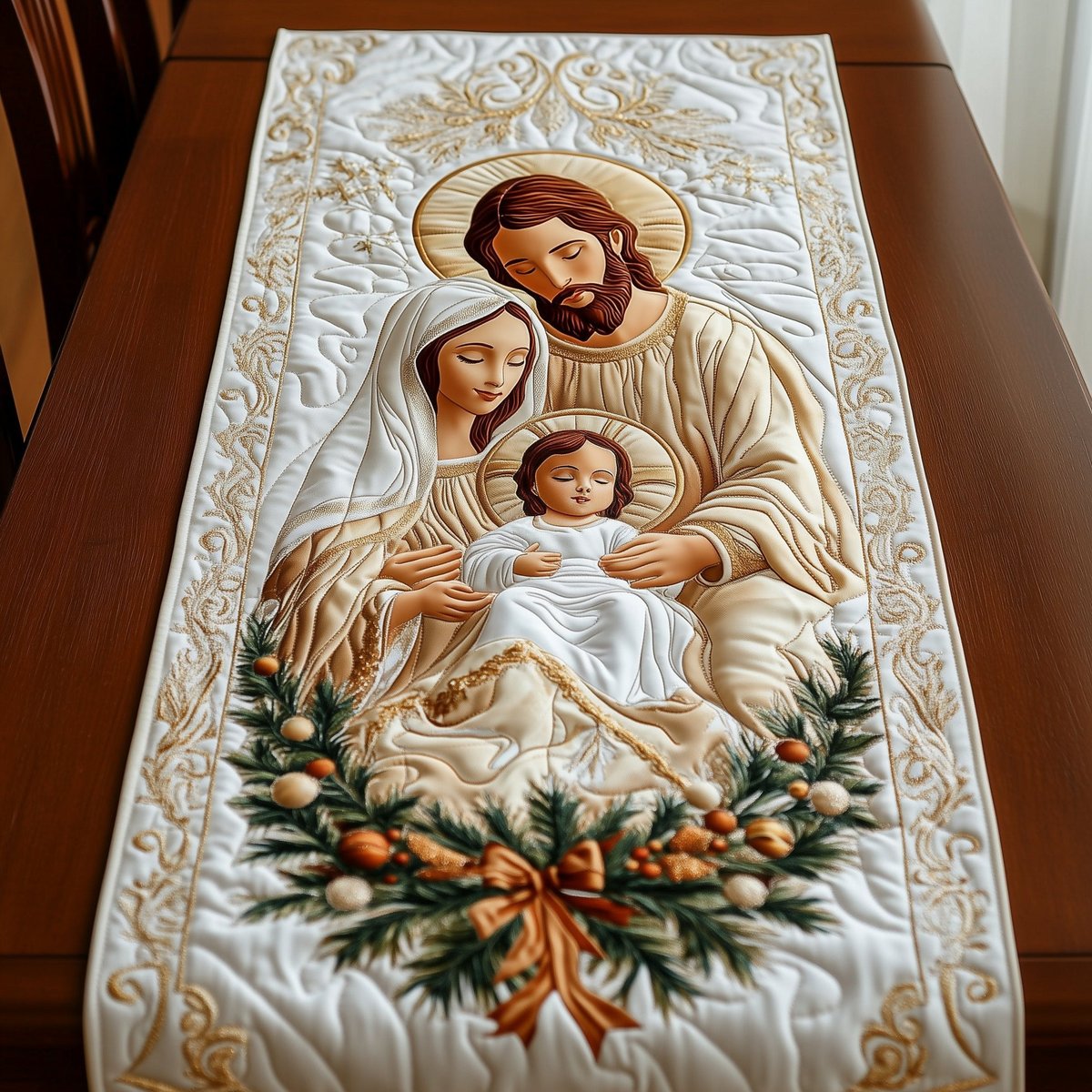 Holy Family with Pine and Ornaments Table Runner - Made to Order TABLE928