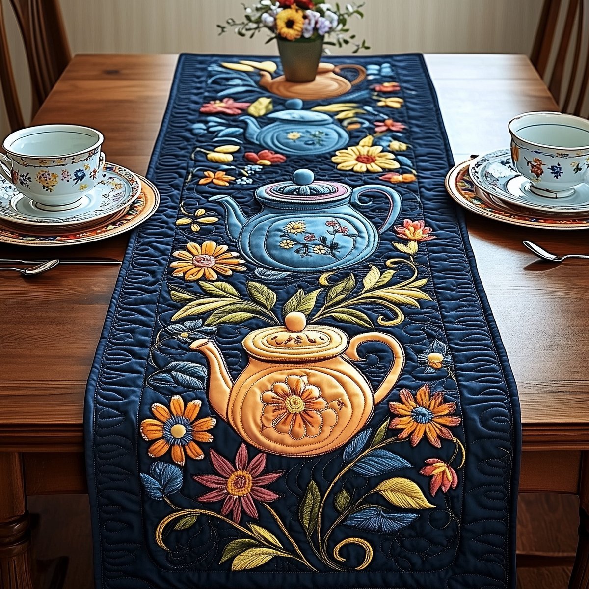 Golden Teapot with Navy Blooms Table Runner - Made to Order TABLE928