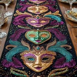 Green and Gold Masks with Purple Plumes Table Runner - Made to Order TABLE928
