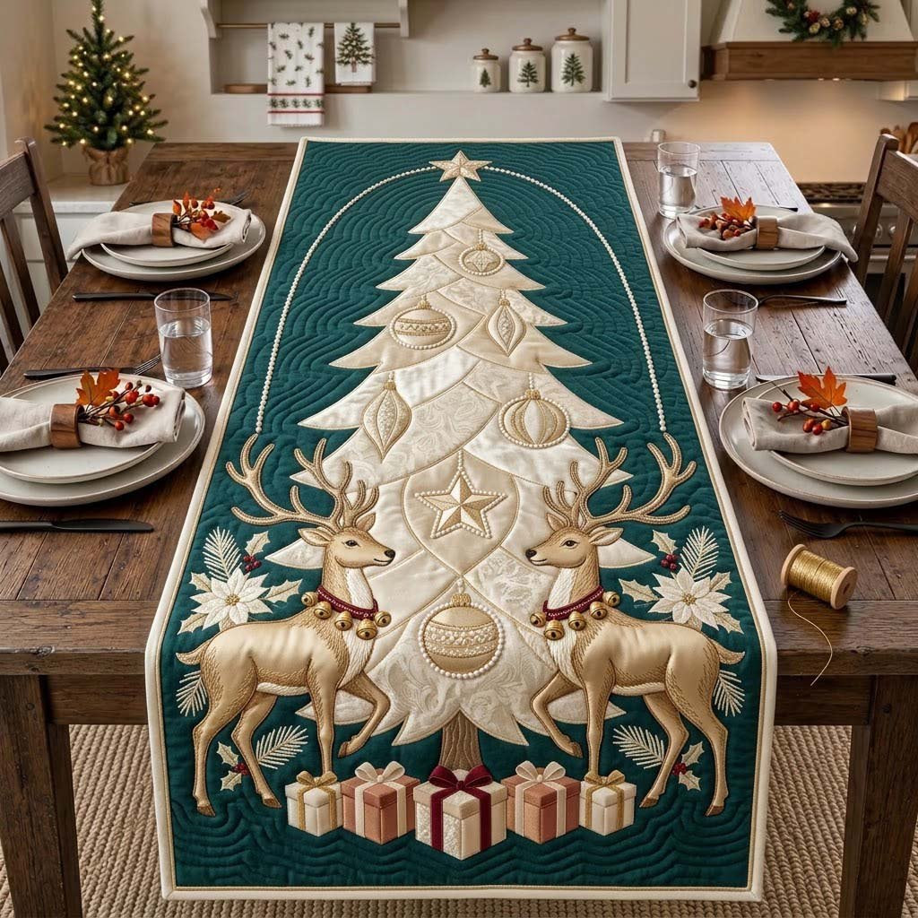 Ivory Reindeer Christmas Tree Table Runner - Made to Order TABLE928