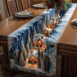 Glowing Windows in a Snowy Hamlet Table Runner - Made to Order TABLE928