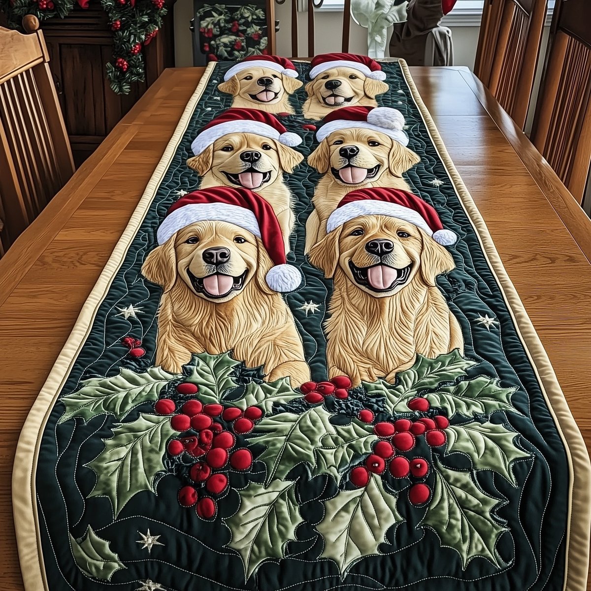 Golden Retrievers in Santa Hats Table Runner - Made to Order TABLE928