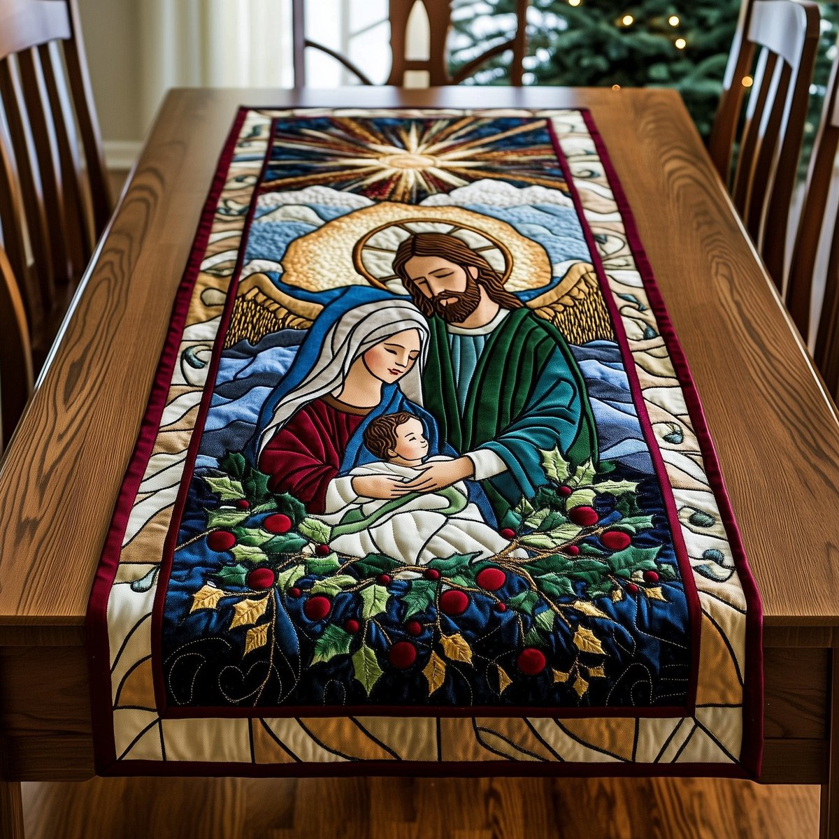 Holy Family in a Stained Glass Garden Table Runner - Made to Order TABLE928