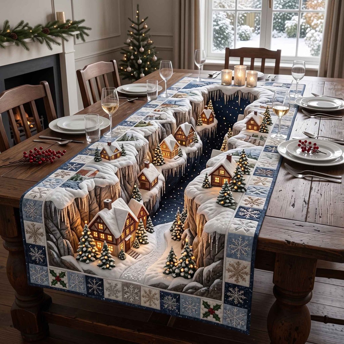 Gingerbread Village with Snowflake Border Table Runner - Made to Order TABLE928