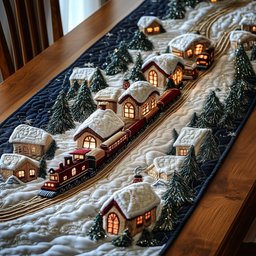 Snowy Village with Passing Train Table Runner - Made to Order TABLE928