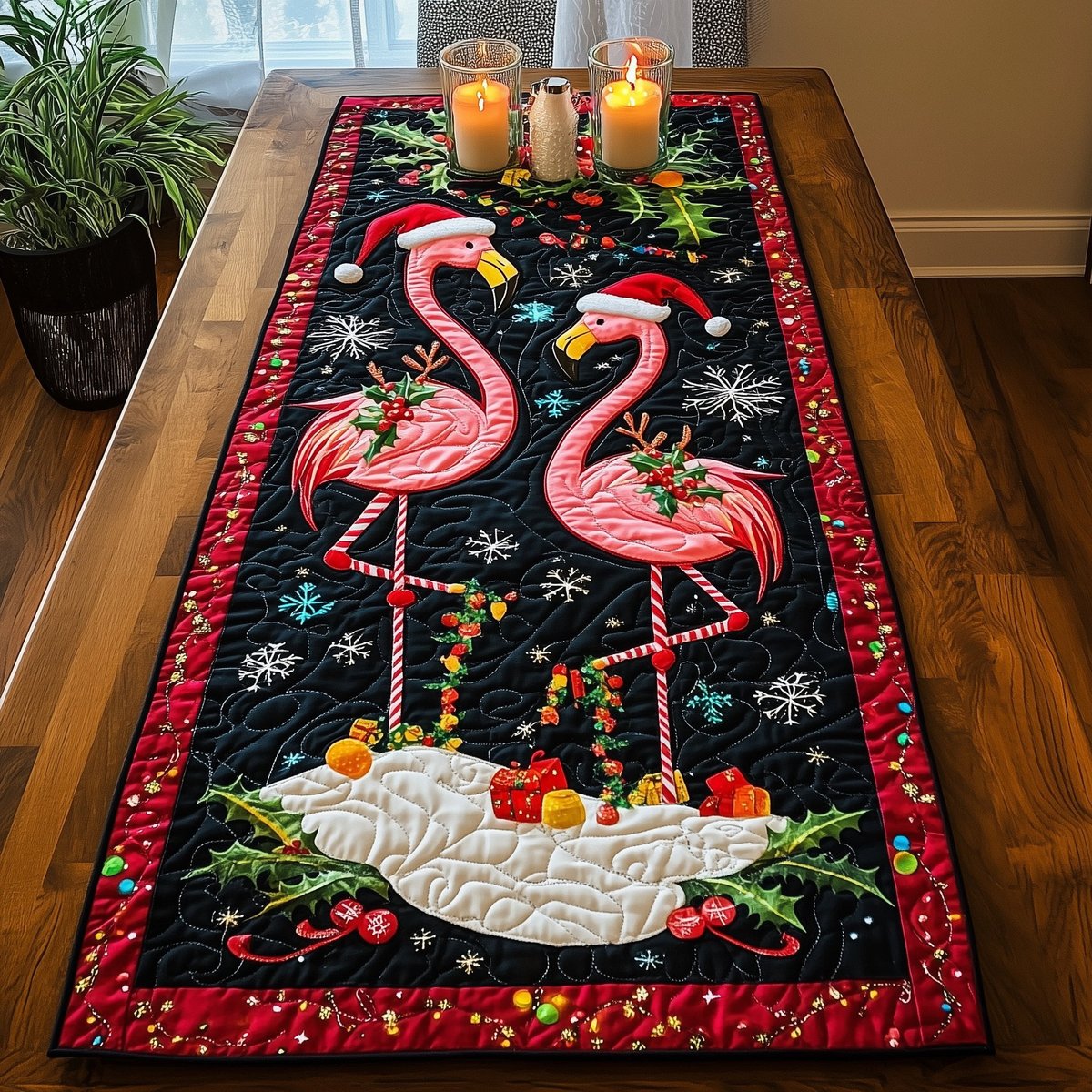 Flamingos with Wreaths and Snowflakes Table Runner - Made to Order TABLE928
