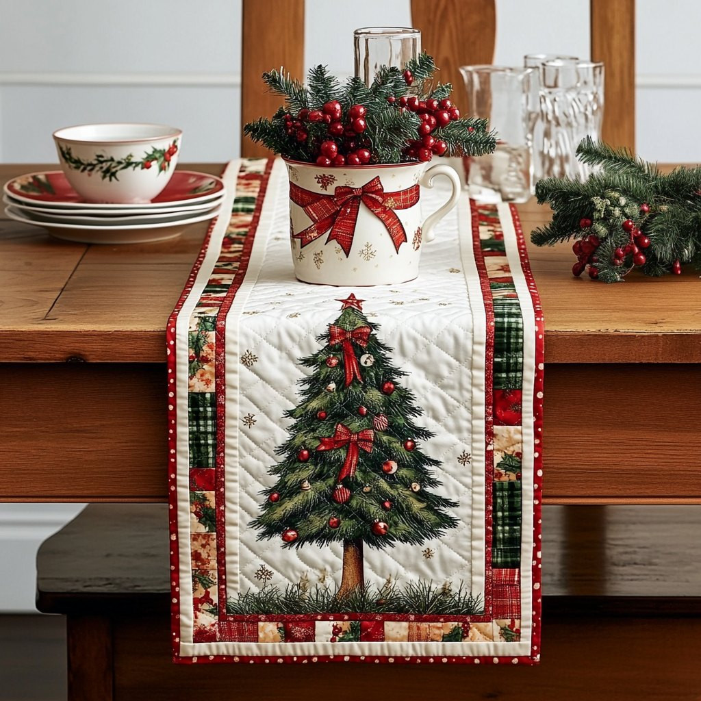 Decorated Tree with Red Bow Table Runner - Made to Order TABLE928