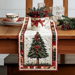 Decorated Tree with Red Bow Table Runner - Made to Order TABLE928
