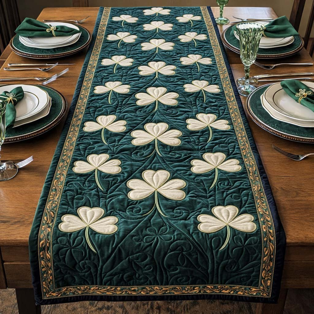 Cream Shamrocks on Teal Panel Table Runner - Made to Order TABLE928