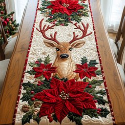 Deer with Red Poinsettias Table Runner - Made to Order TABLE928