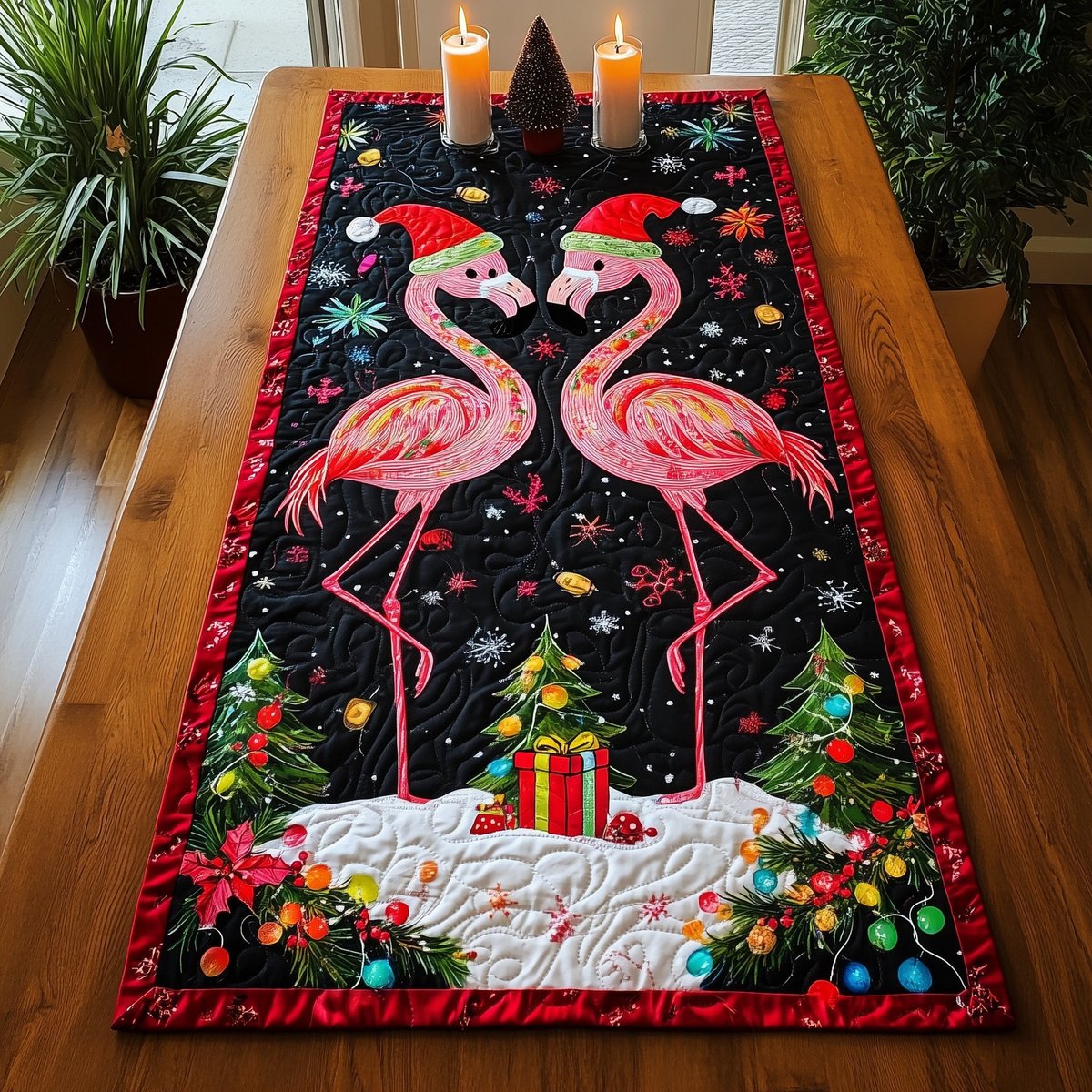 Flamingos Beside Christmas Tree and Gifts Table Runner - Made to Order TABLE928