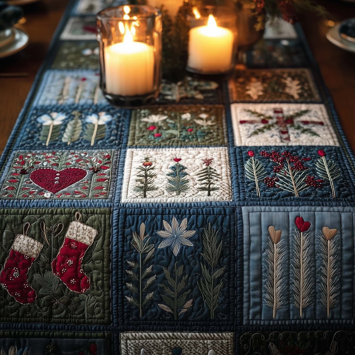 Folk Blocks in Blue and Red Table Runner - Made to Order TABLE928
