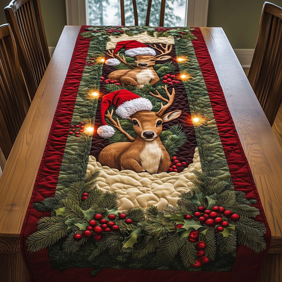 Deer in Santa Hat with Berries Table Runner - Made to Order TABLE928