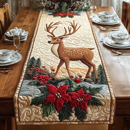 Deer with Poinsettias on Cream Table Runner - Made to Order TABLE928