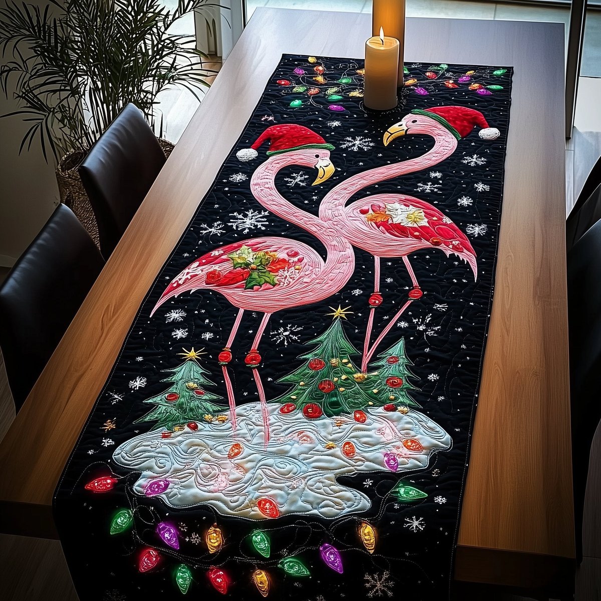 Flamingos in Santa Hats with Lights Table Runner - Made to Order TABLE928