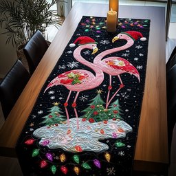 Flamingos in Santa Hats with Lights Table Runner - Made to Order TABLE928