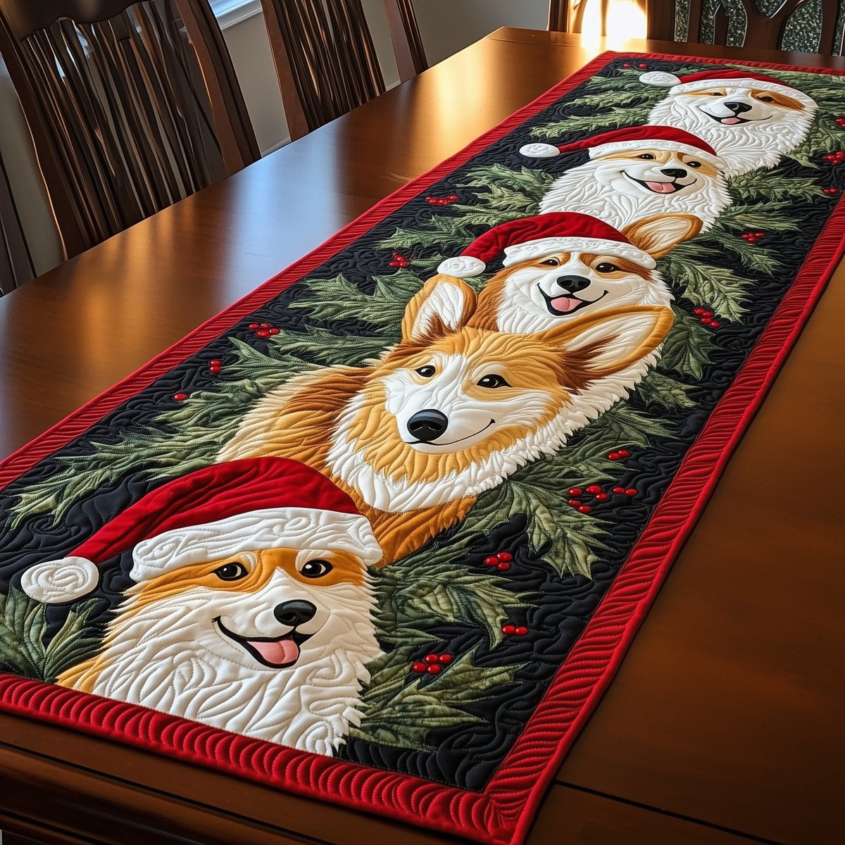 Corgis in Santa Hats with Holly Table Runner - Made to Order TABLE928