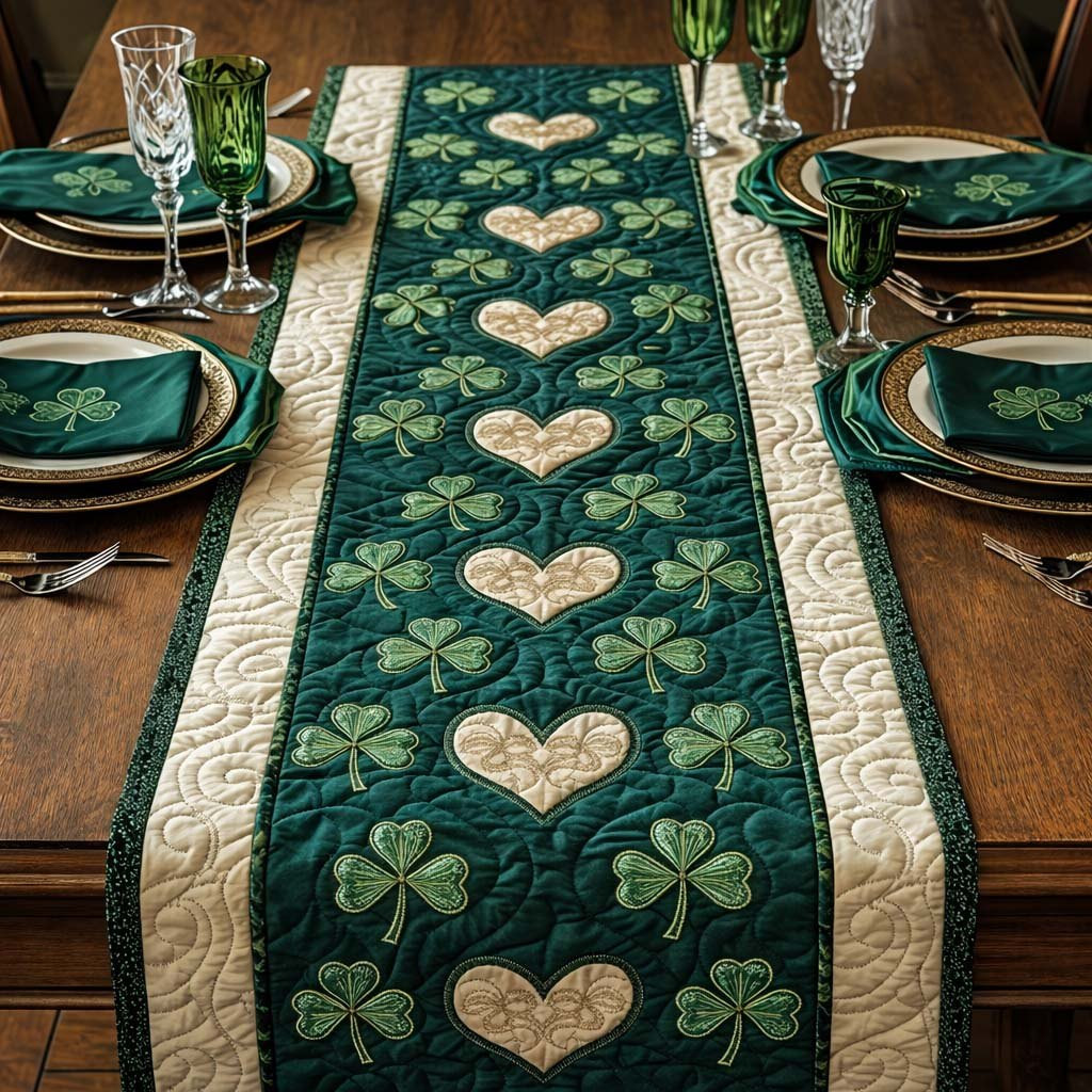 Cream Hearts with Shamrocks on Green Table Runner - Made to Order TABLE928
