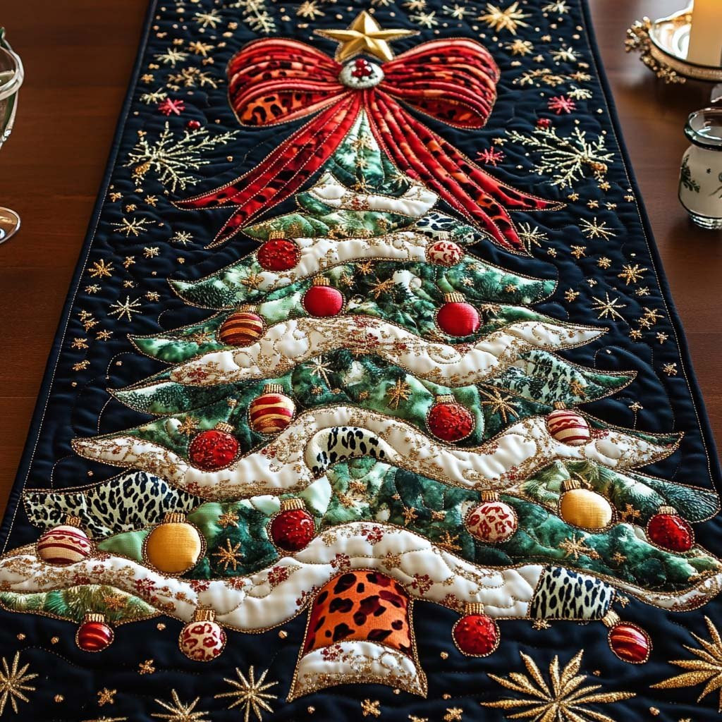 Decorated Tree with Garland on Navy Table Runner - Made to Order TABLE928