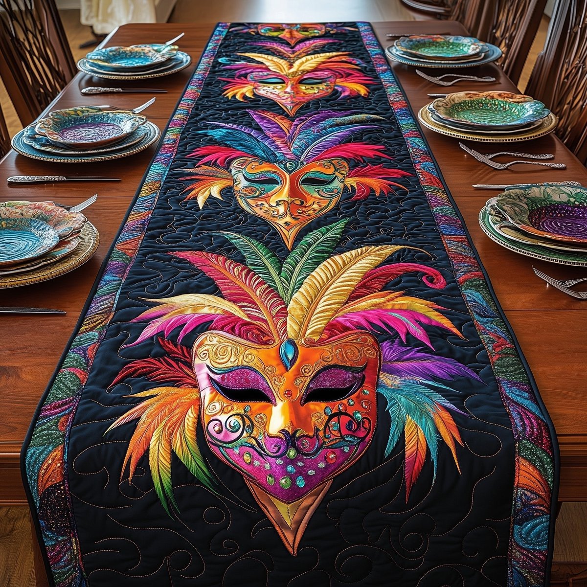 Feathered Carnival Mask on Navy Table Runner - Made to Order TABLE928