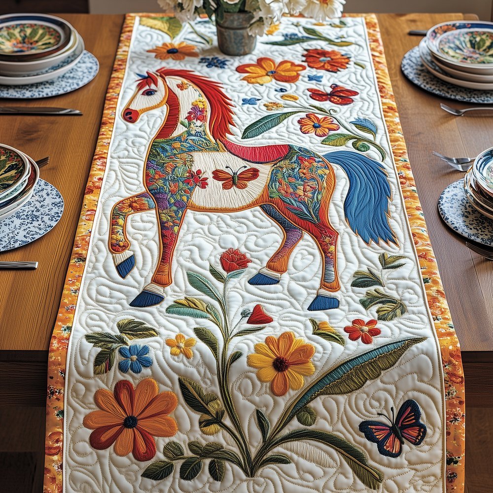 Folk Art Horse with Flowers Table Runner - Made to Order TABLE928