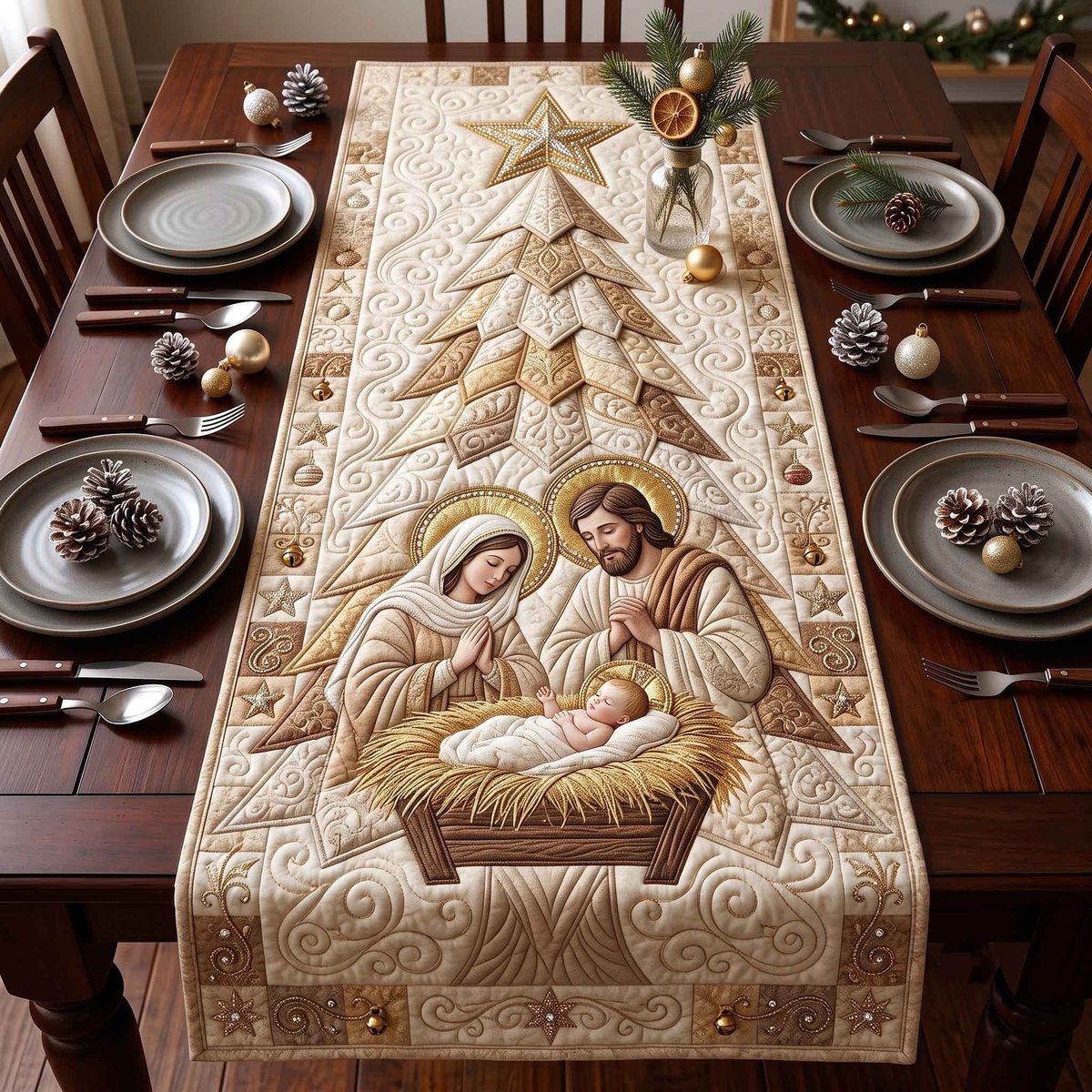 Cream Nativity with Quilted Trees Table Runner - Made to Order TABLE928