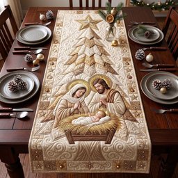 Cream Nativity with Quilted Trees Table Runner - Made to Order TABLE928