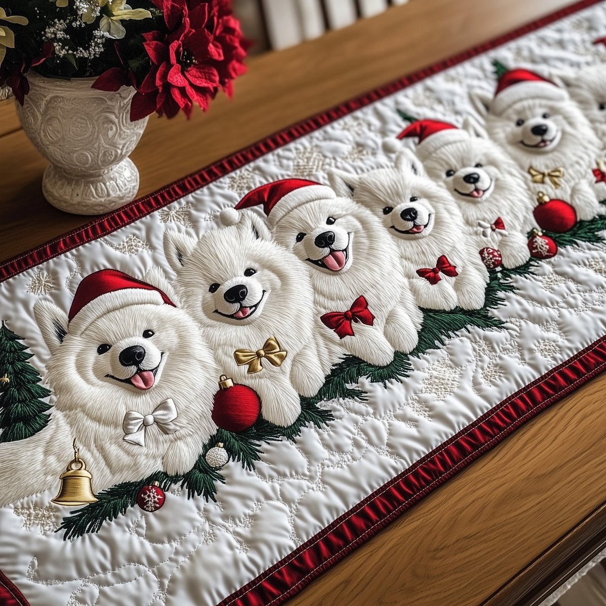Fluffy White Dogs with Red Bows Table Runner - Made to Order TABLE928