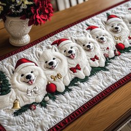 Fluffy White Dogs with Red Bows Table Runner - Made to Order TABLE928