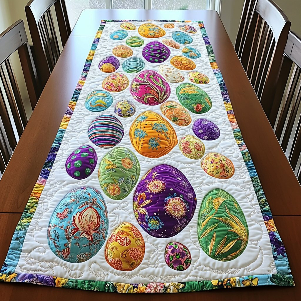 Festive Shells Colorful Eggs Scattered on Cream Table Runner - Made to Order TABLE928