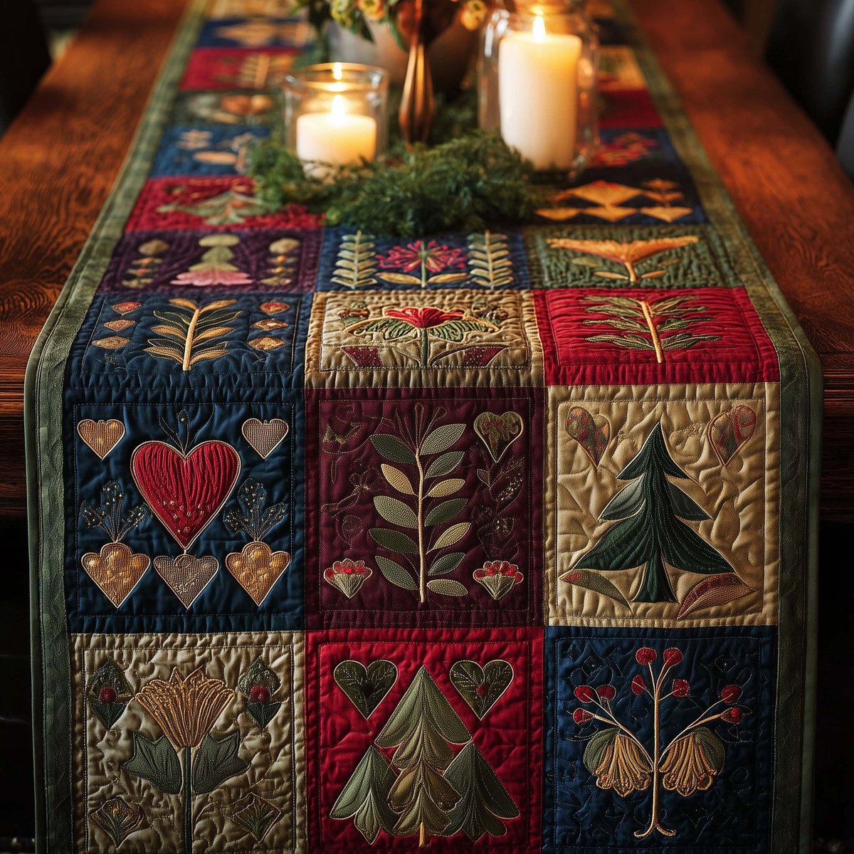 Folk Blocks with Hearts and Trees Table Runner - Made to Order TABLE928
