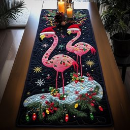 Flamingos with Ornaments on Black Night Table Runner - Made to Order TABLE928