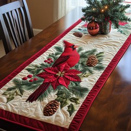 Cardinal Among Poinsettias and Pinecones Table Runner - Made to Order TABLE928