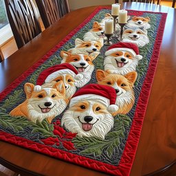 Corgi Faces in Red Santa Hats Table Runner - Made to Order TABLE928