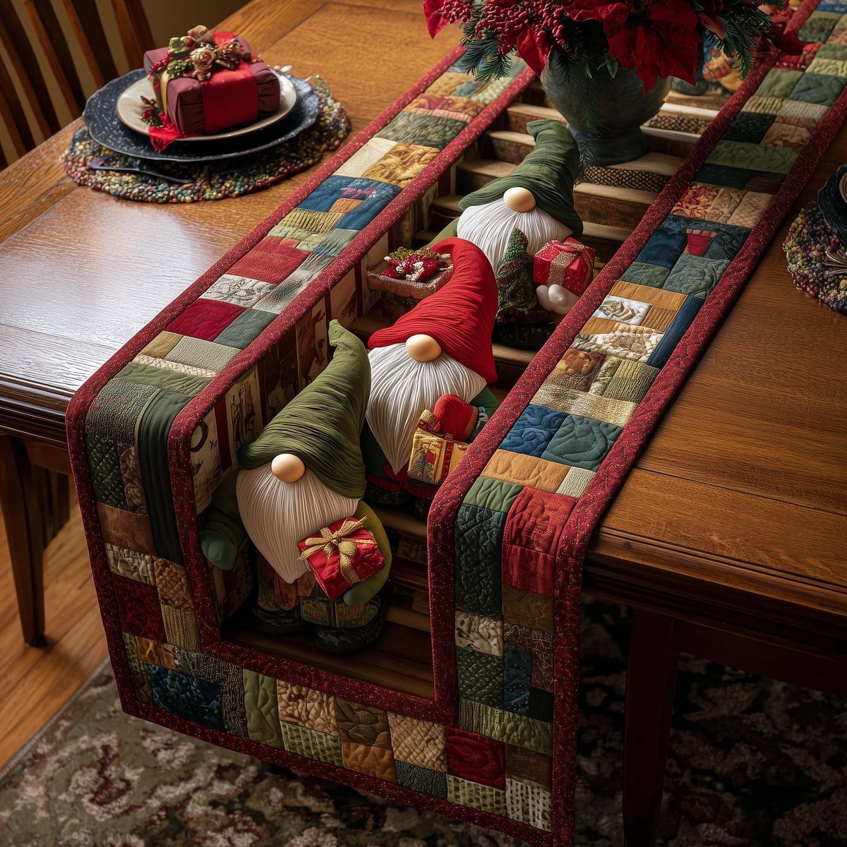 Christmas Gnome on Plaid Blocks Table Runner - Made to Order TABLE928