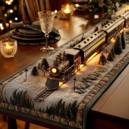 Black Steam Train in Deep Snow Table Runner - Made to Order TABLE928