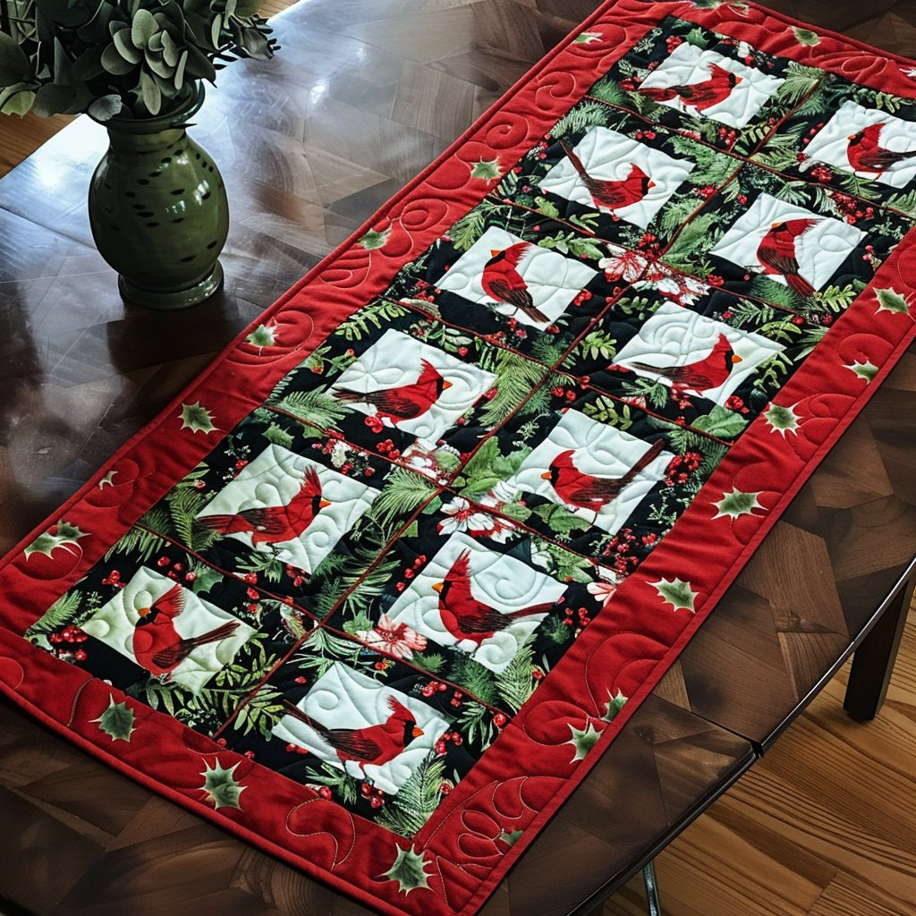 Cardinal Winter Panel Table Runner - Christmas Dining Decor, Quilt or Velvet TABLE928