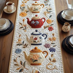 Assorted Teapots with Small Flowers Table Runner - Made to Order TABLE928