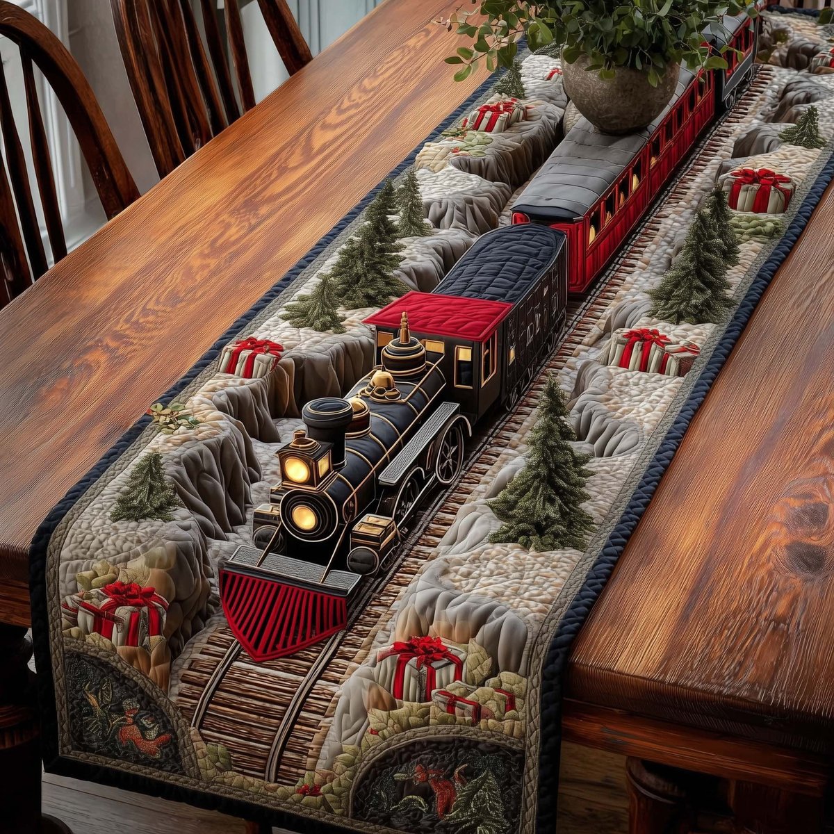 Black Locomotive with Wrapped Gifts Table Runner - Made to Order TABLE928